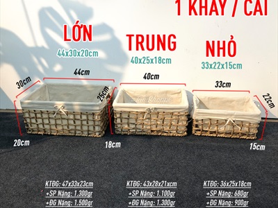 Khay lục bình chữ nhật đan thưa có vải lót 3 size KHAY-LB-02